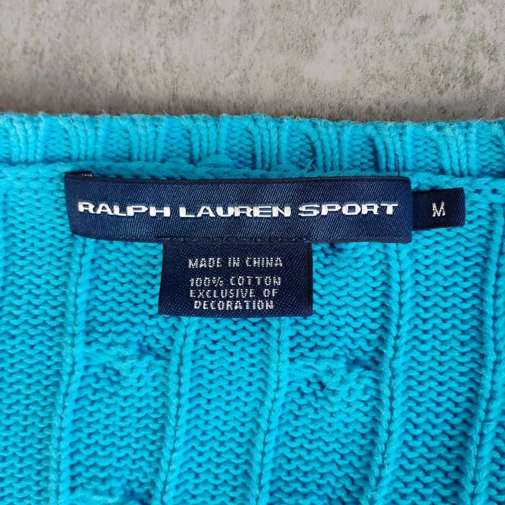 Ralph Lauren Sport Cable Knit Sweater Womens Medium Blue Yellow Pony Logo Preppy